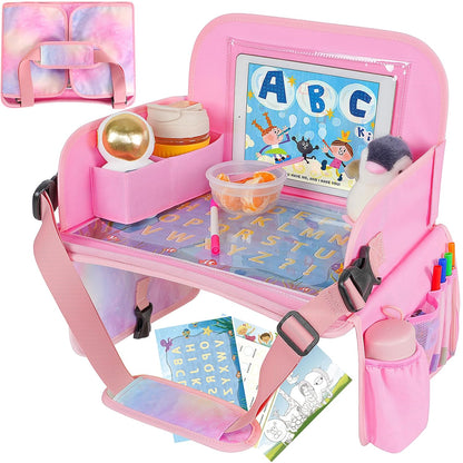 MENZOKE Kids Travel Tray for Toddler Car Seat, Road Trip Activities for Kids with iPad Holder Stand & Dry Erase Board, Road Trip Essentials Accessories Lap Tray as Travel Gifts for Kid, Pink