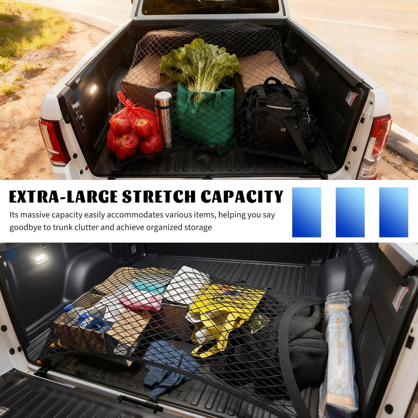 Highly Elastic Cargo Nets for SUV with 4 Hooks,32"x24" Stretch to 63"x47" Truck Cargo Net as Trunk Organizer,Heavy-Duty Truck Bed Cargoes Net for Secure Load Retention