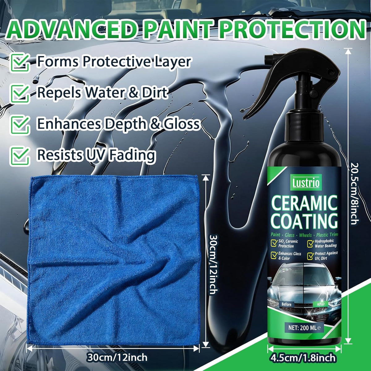 Ceramic Spray Coating 6.8oz – Hydrophobic Car Paint Sealant – Spray on & Wipe off – No White Residue – Safe on Paint Glass Trim Wheels – Includes Microfiber Towel