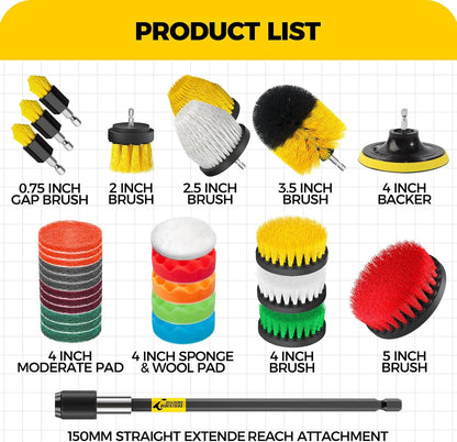 Holikme 30Pack Drill Brush Attachments Set,Scrub Pads & Sponge, Power Scrubber Brush with Extend Long Attachment All Purpose Clean for Grout, Tiles, Sinks, Car Polishing Pads,Bristle Discs