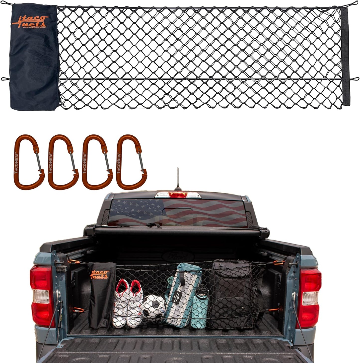 TacoNets Envelope Cargo Net for GMC Sierra & Chevy Silverado - Fits 2013-Current - Upgraded 5mm Bungee - Integrated Storage Bag - Heavy Duty Carabiners - Designed in USA