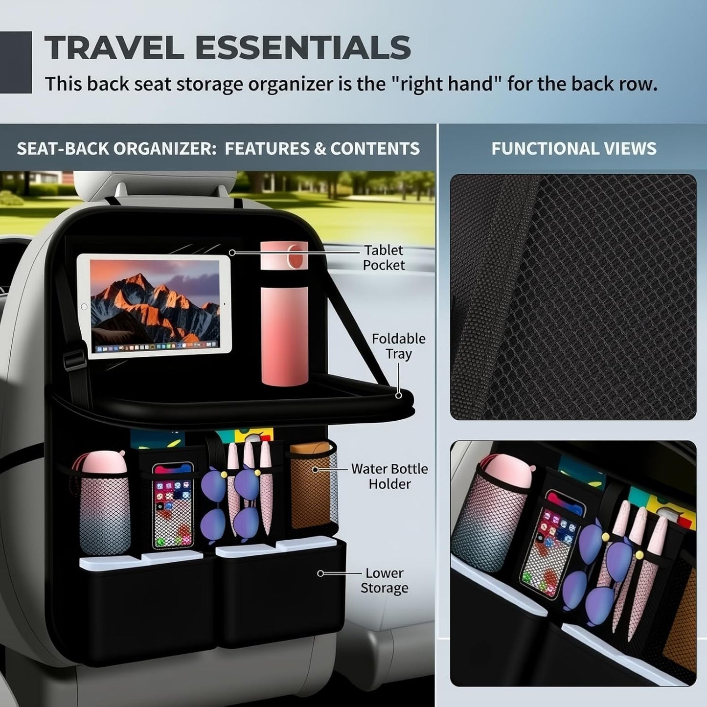 2026 New Backseat Car Organizer,Multifunctional Back Seat Car Organizer with Foldable Table Trays,Hanging Cars Seats Backs Organizers as Kick Mats Back Seat Protector