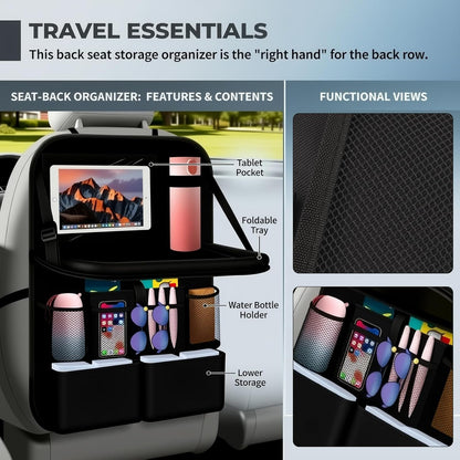 2026 New Backseat Car Organizer,Multifunctional Back Seat Car Organizer with Foldable Table Trays,Hanging Cars Seats Backs Organizers as Kick Mats Back Seat Protector