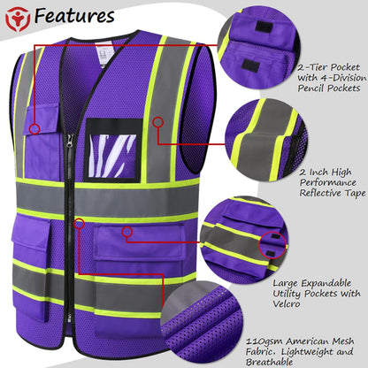 Reflective High Visibility Safety Vest for Men Women with Pockets Zipper Front Meets ANSI/ISEA Standards