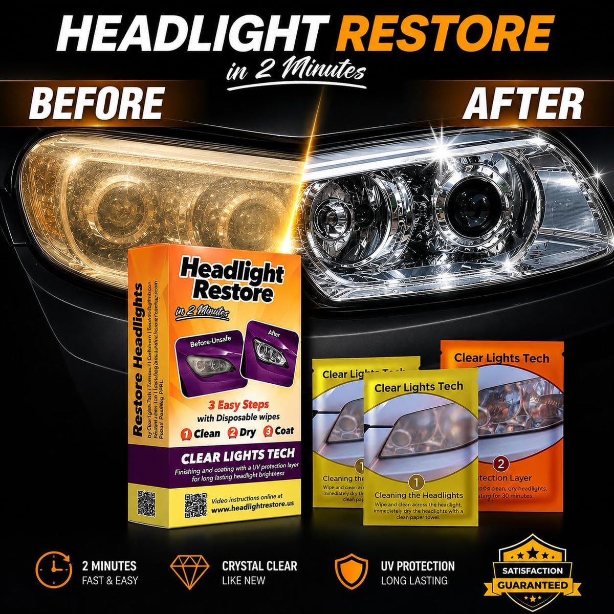 Clear Lights Tech, Headlight Restoration Kit - Headlight Cleaner 3-Wipe System, Restores Clarity, Removes Yellowing & Oxidation, Improves Nighttime Driving Safety, Long Lasting UV Protection.