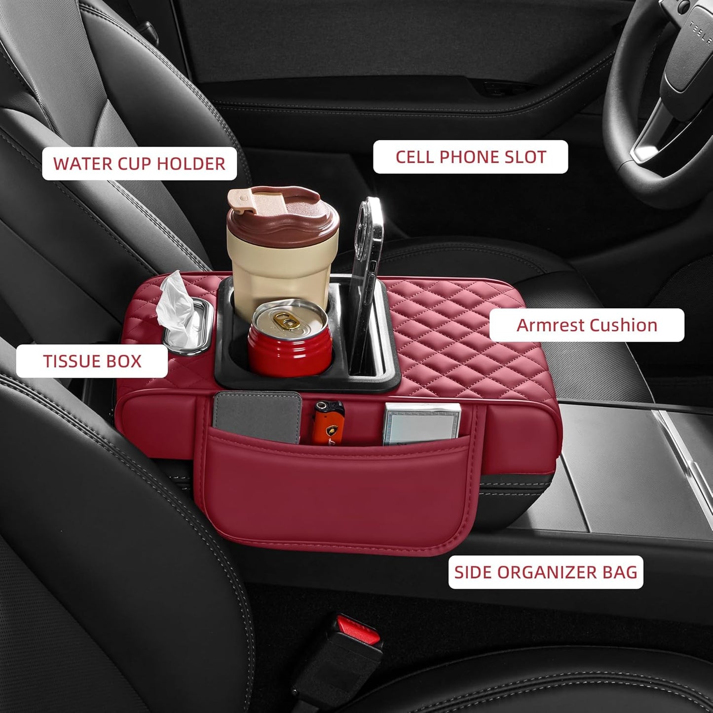 5 in 1 Car Center Console Cover, Armrest Pad with 2 Storage Pockets, Cup Holder, Tissue Slot, Phone Holder, Nappa Leather Memory Foam Car Accessories for SUV Sedan Truck (Black)