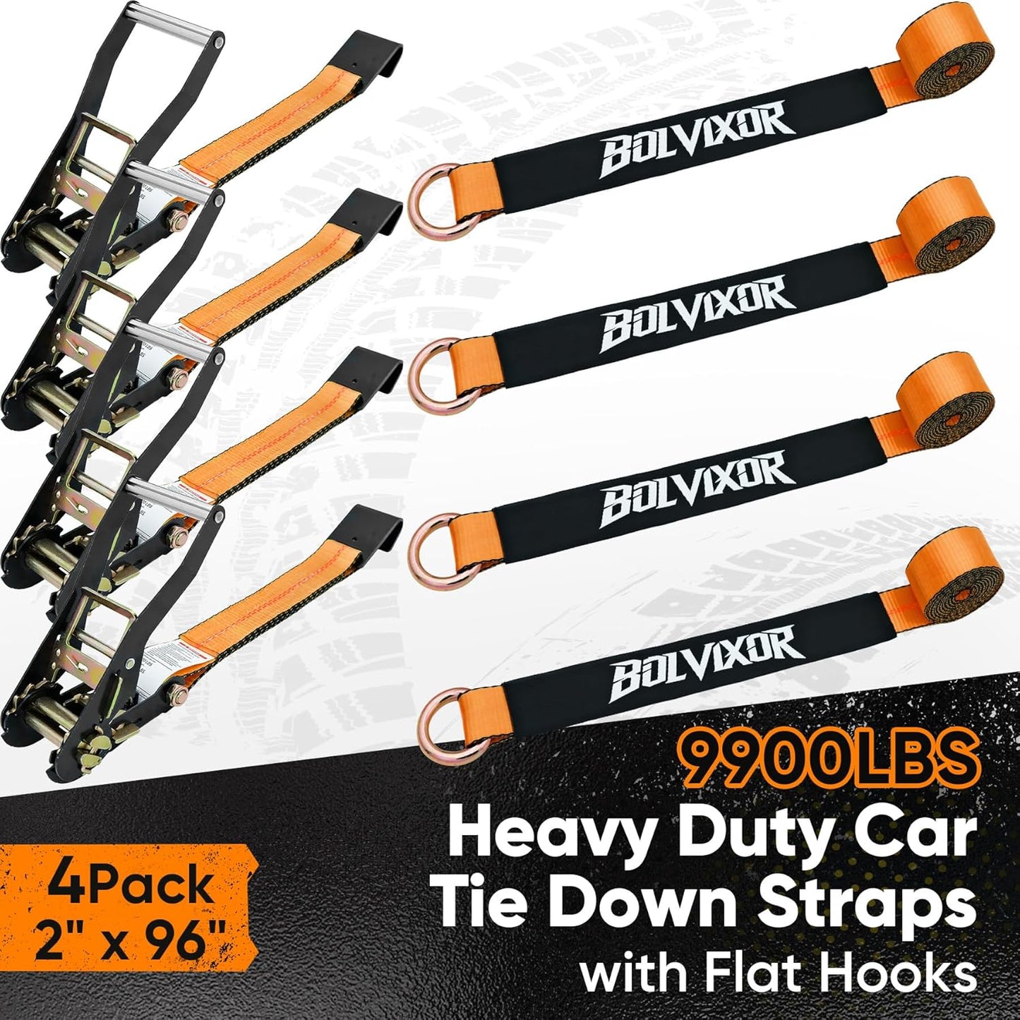 4 Pack Car Tie Down Straps for Trailers - 2" x 96" - 9900LBS Break Strength - Heavy Duty Tire Ratchet Straps with Flat Hooks for Hauling UTV, SUV, Truck, Any Cars