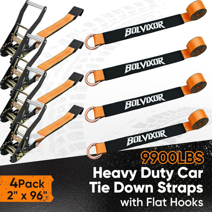4 Pack Car Tie Down Straps for Trailers - 2" x 96" - 9900LBS Break Strength - Heavy Duty Tire Ratchet Straps with Flat Hooks for Hauling UTV, SUV, Truck, Any Cars