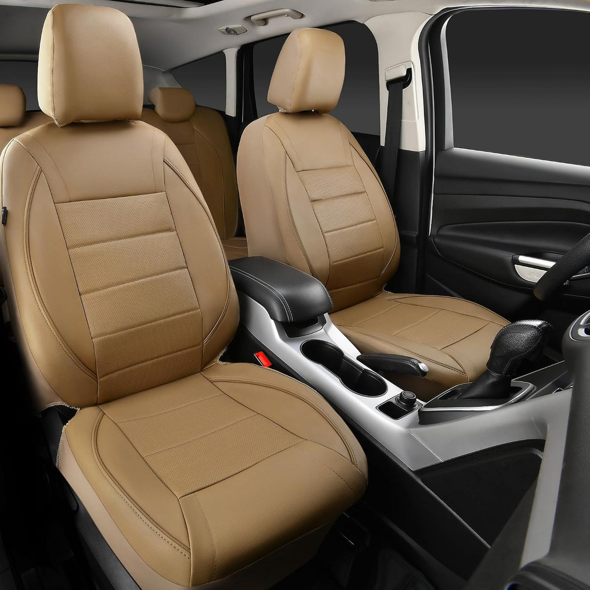 CAR PASS Universal FIT Piping Leather Two Front Seat Covers, Waterproof Faux Leather for SUV Sedan Van Truck, Airbag Compatible,Reserved Opening Holes for Headrest Covers. (Black red)