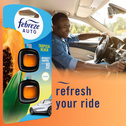 Febreze AUTO Air Freshener, Odor-Fighting Automotive Vent Clip, Scented Car Accessories, Long Lasting for Strong Odors, Tropical Beach Scent, 2 Count