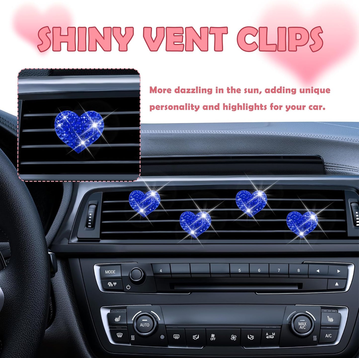 4PCS Heart-Shaped Car Vent Clips with Rhinestone,Bling Air Vent Clips Car Decorations,Premium Shiny Car Clips for Vents CCar Accessories Interior for Cars,Trucks,SUVs (Pink)