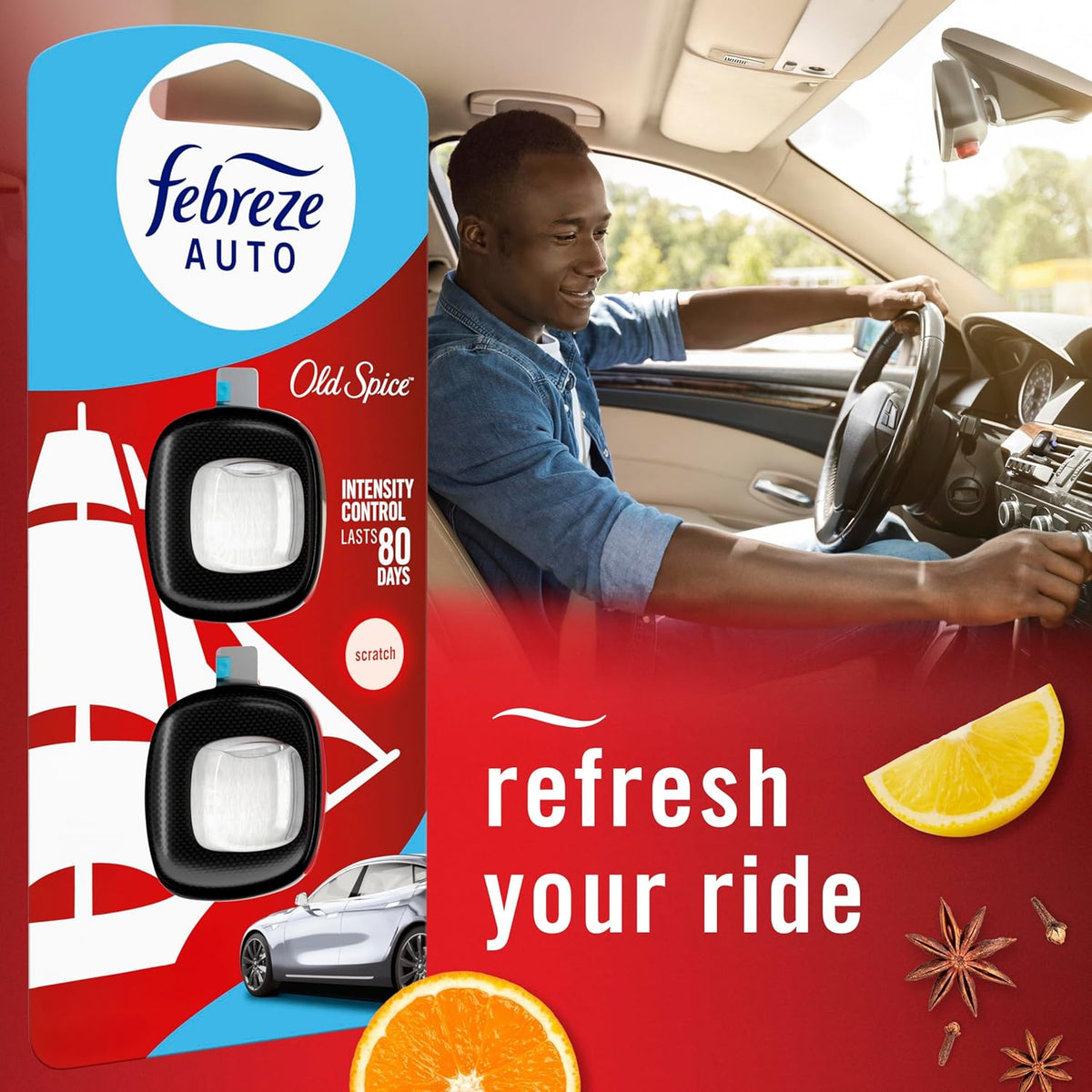 Febreze Odour-Fighting Auto Air Freshener, Car Vent Clip, Old Spice, 4ct
