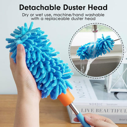 Microfiber Duster for Cleaning, Tukuos Hand Washable Dusters with 2pcs Replaceable Microfiber Head, Extendable Pole, Detachable Cleaning Supplies for Office, Car, Window, Furniture, Ceiling Fan
