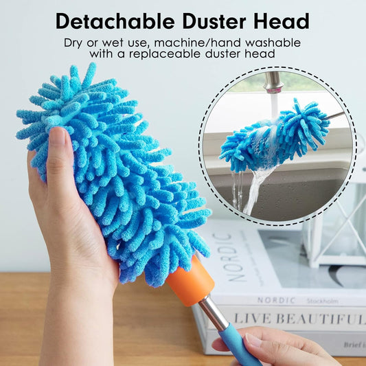 Microfiber Duster for Cleaning, Tukuos Hand Washable Dusters with 2pcs Replaceable Microfiber Head, Extendable Pole, Detachable Cleaning Supplies for Office, Car, Window, Furniture, Ceiling Fan