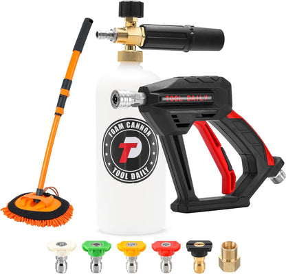 Tool Daily Short Pressure Washer Gun with Foam Cannon, 1/4 Inch Quick Connector, with 5 Pressure Washer Nozzle Tips, 1 Liter