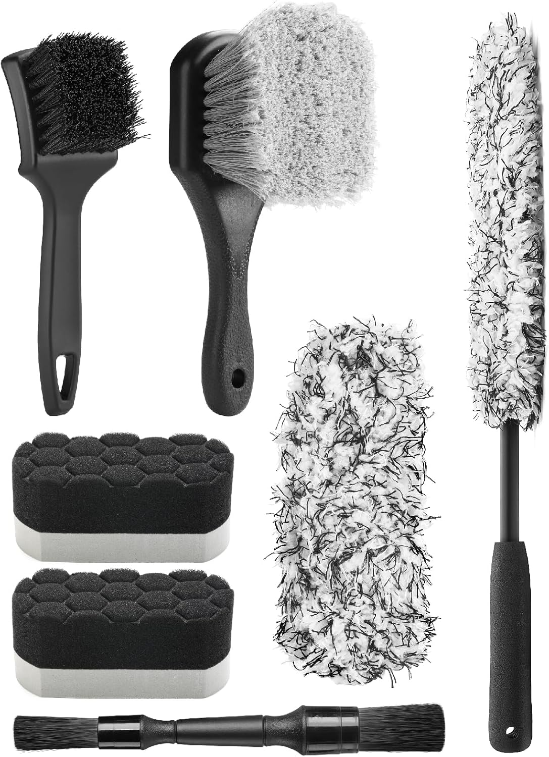 Fantasticlean 7PCS Car Wheel Brush Kit, Tire Brush for Car Owners & Auto Detailers, Soft-bristled Rim Brush, Flat Wheel Brush, Double-Ended Detailing Brush and Pads for Home Shop, Cars Trucks RVs