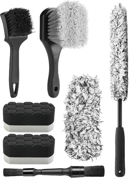 Fantasticlean 7PCS Car Wheel Brush Kit, Tire Brush for Car Owners & Auto Detailers, Soft-bristled Rim Brush, Flat Wheel Brush, Double-Ended Detailing Brush and Pads for Home Shop, Cars Trucks RVs