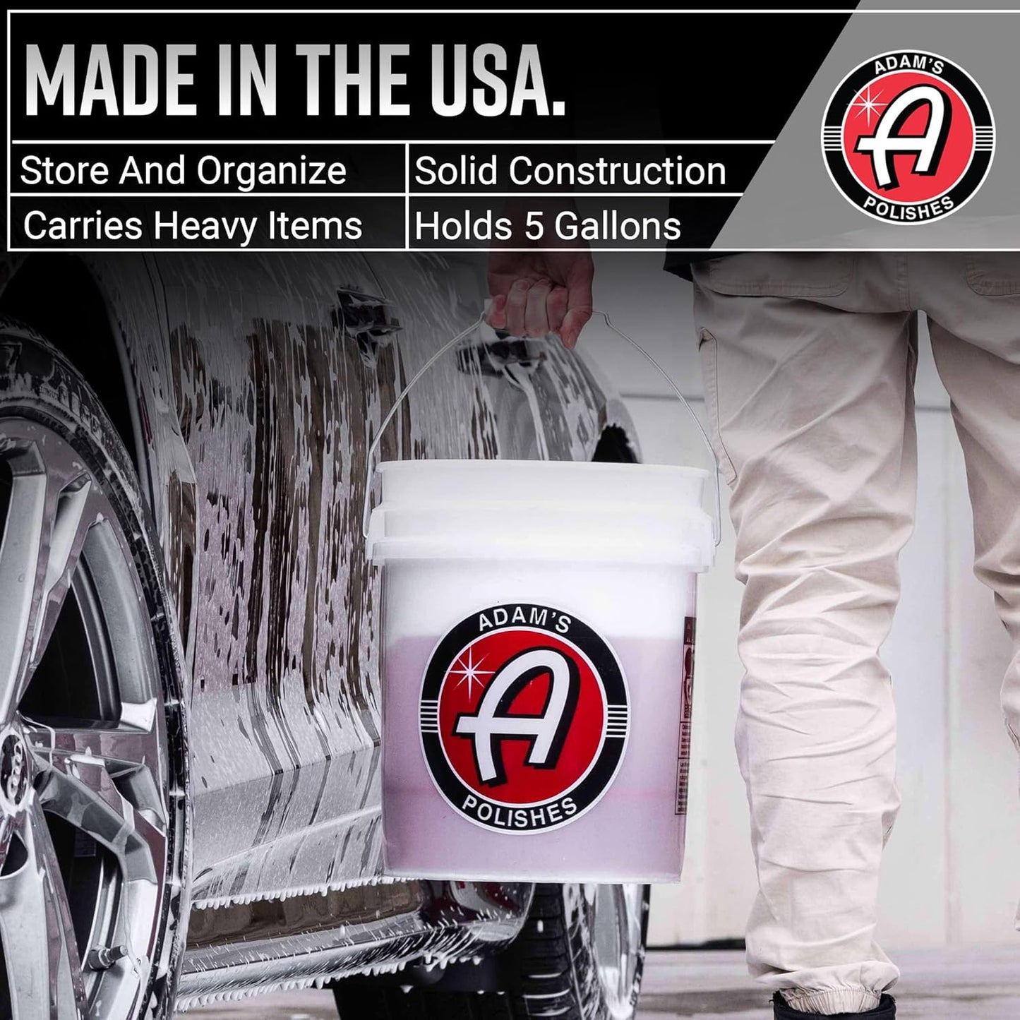 Adam's Polishes Car Wash Bucket (5 Gallon Bucket + Grit Guard + Gamma Seal Lid), Perfect Car Tool for Washing & Garage Storage, Stores Car Wash Soap, Foam Cannon, Foam Gun, Microfiber Towels & More