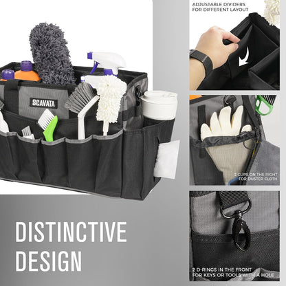 SCAVATA Wearable Cleaning Caddy Bag, Supplies Organizer with Handle & Shoulder Straps for Housekeepers, Under Sink & Car Cleaning Tool Organizer with 4 Foldable Dividers (Black)