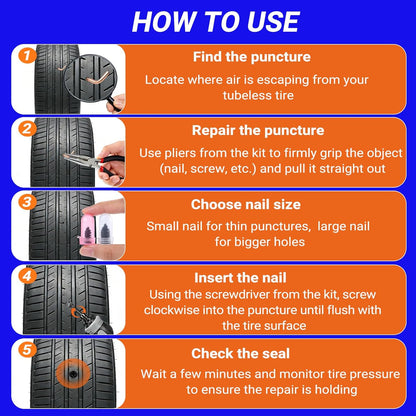 Tire Repair Rubber Nail Kit, Premium Spiral Screw-in Tire Plugs with 2 Sizes, Emergency Roadside Flat Tire Fix Tool for Car Truck Motorcycle Tractor ATV SUV - Fast Self Service Repair, 61 PCS