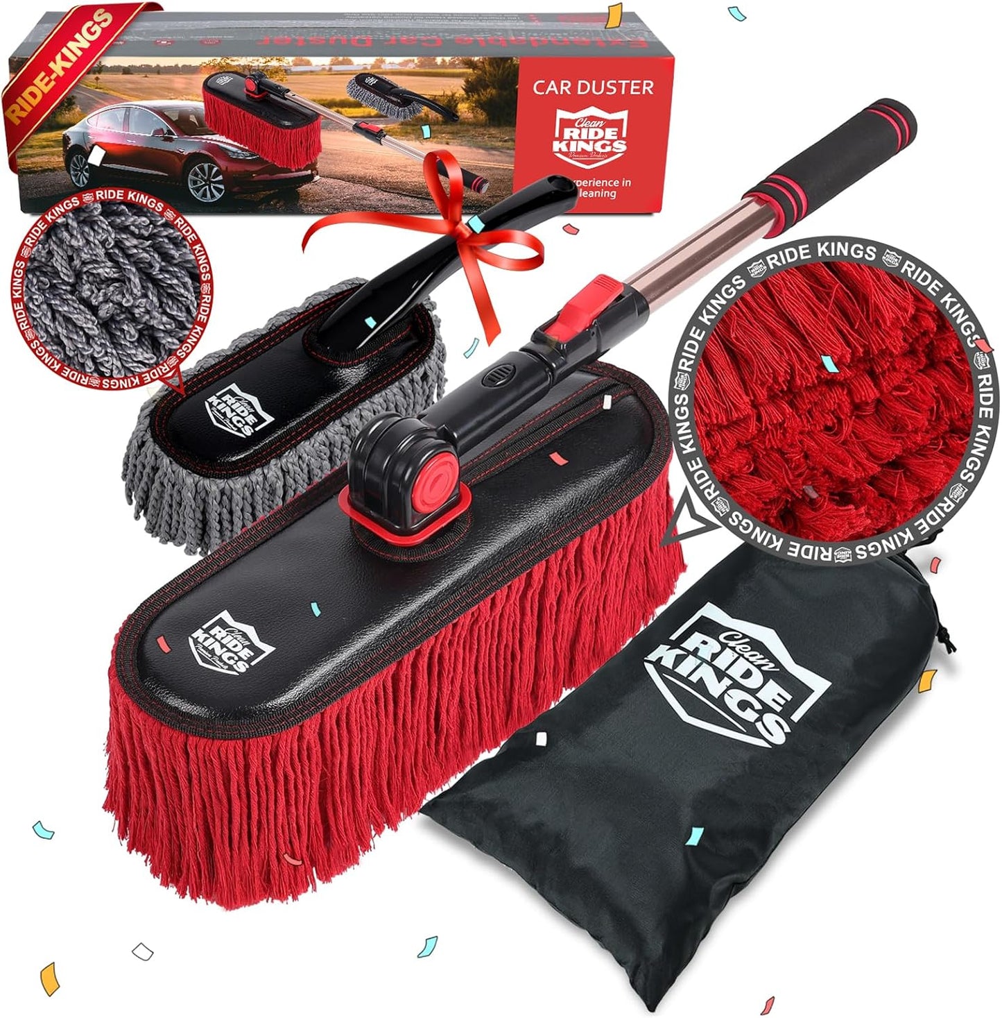 Car Duster Exterior with Extendable Handle, Scratch Free Auto Wash Brush Mop, Interior Detailing Kit for Truck RV Boat - Wax Cotton Duster & Interior Brush, Red