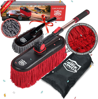 Car Duster Exterior with Extendable Handle, Scratch Free Auto Wash Brush Mop, Interior Detailing Kit for Truck RV Boat - Wax Cotton Duster & Interior Brush, Red