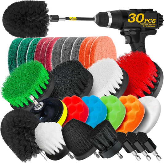 Holikme 30Pack Drill Brush Attachments Set,Scrub Pads & Sponge, Power Scrubber Brush with Extend Long Attachment All Purpose Clean for Grout, Tiles, Sinks, Car Polishing Pads,Bristle Discs