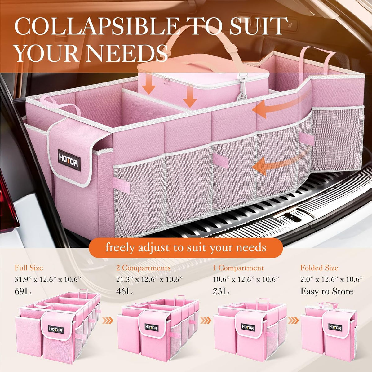 HOTOR Trunk Organizer, Sturdy Foldable with Cooler for Car & SUV, 3 Compartments, Black, 30.90”×12.60”×10.63”