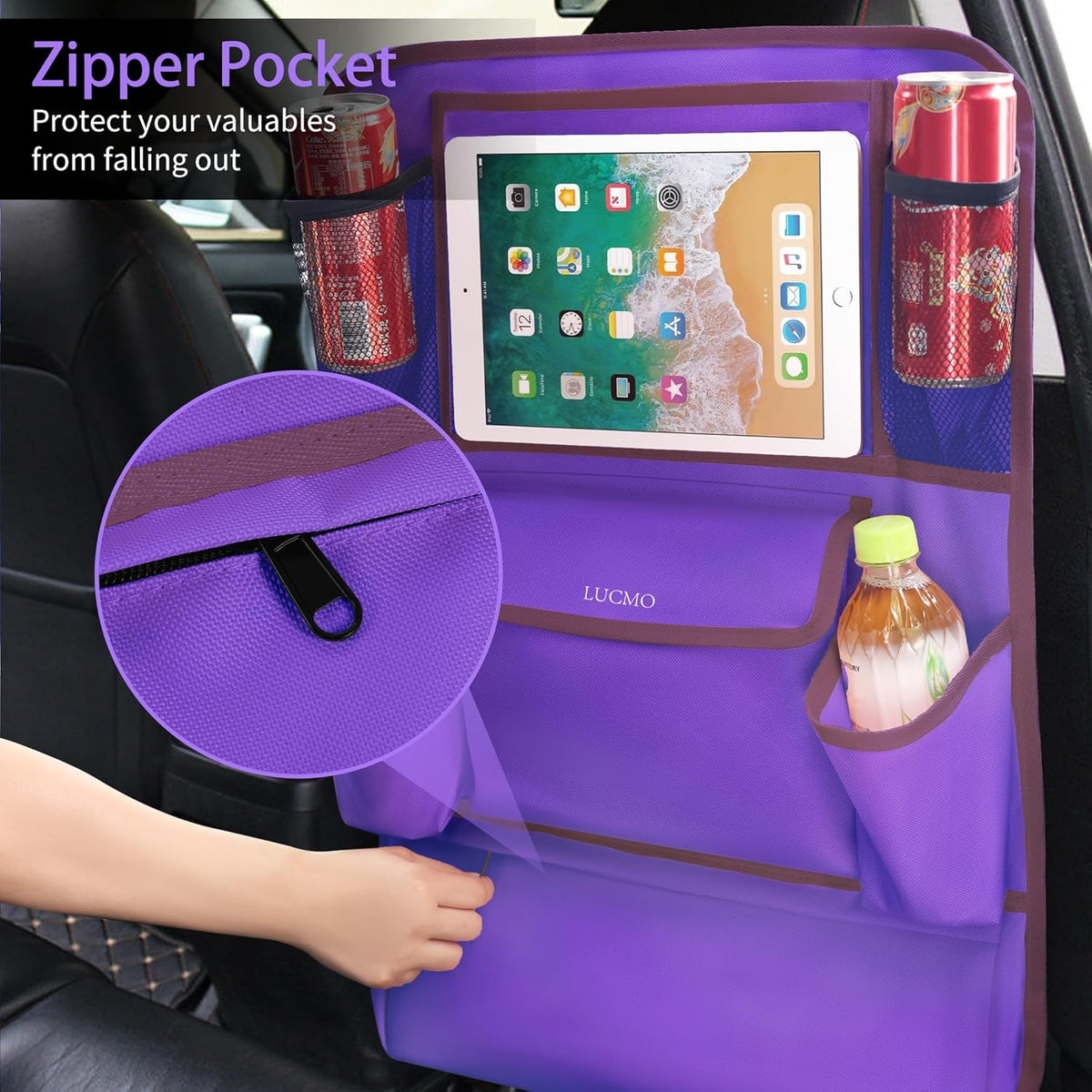 LUCMO Car Backseat Organizer with Tablet Holder,6 Storage Pockets Car Storage Organizer with Foldable Food Tray,Protectors Kick Mats Travel Accessories-Black