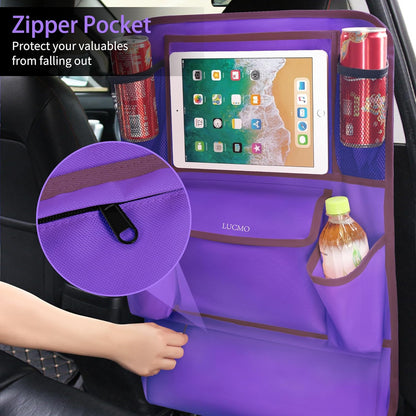 LUCMO Car Backseat Organizer with Tablet Holder,6 Storage Pockets Car Storage Organizer with Foldable Food Tray,Protectors Kick Mats Travel Accessories-Black