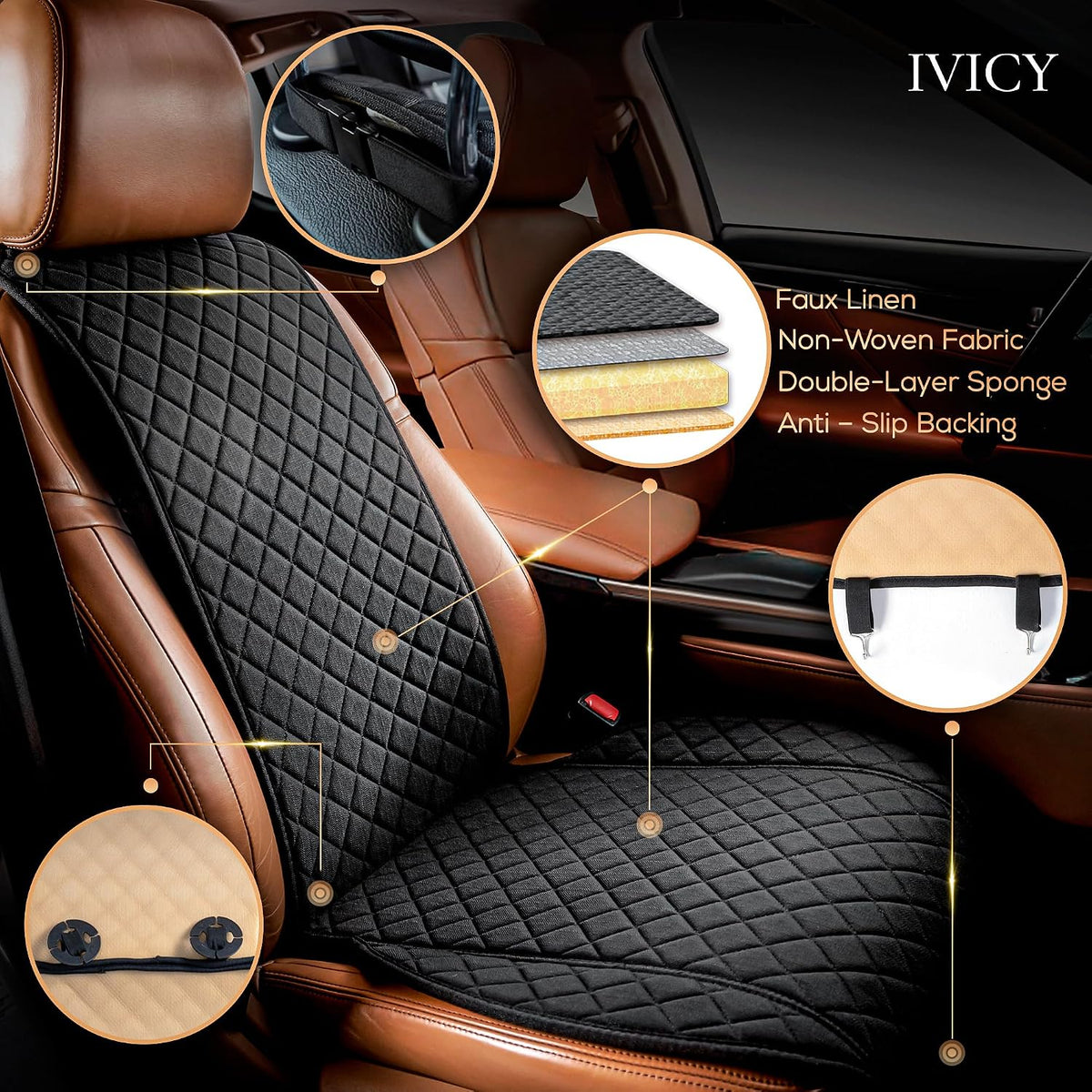 IVICY Faux Linen Front Car Seat Cover – Non-Slip Bucket Seat Protector for Most Cars, SUVs, Vans & Trucks – 1 Seat Cover, Machine Washable, Side-Airbag Friendly, Light Beige