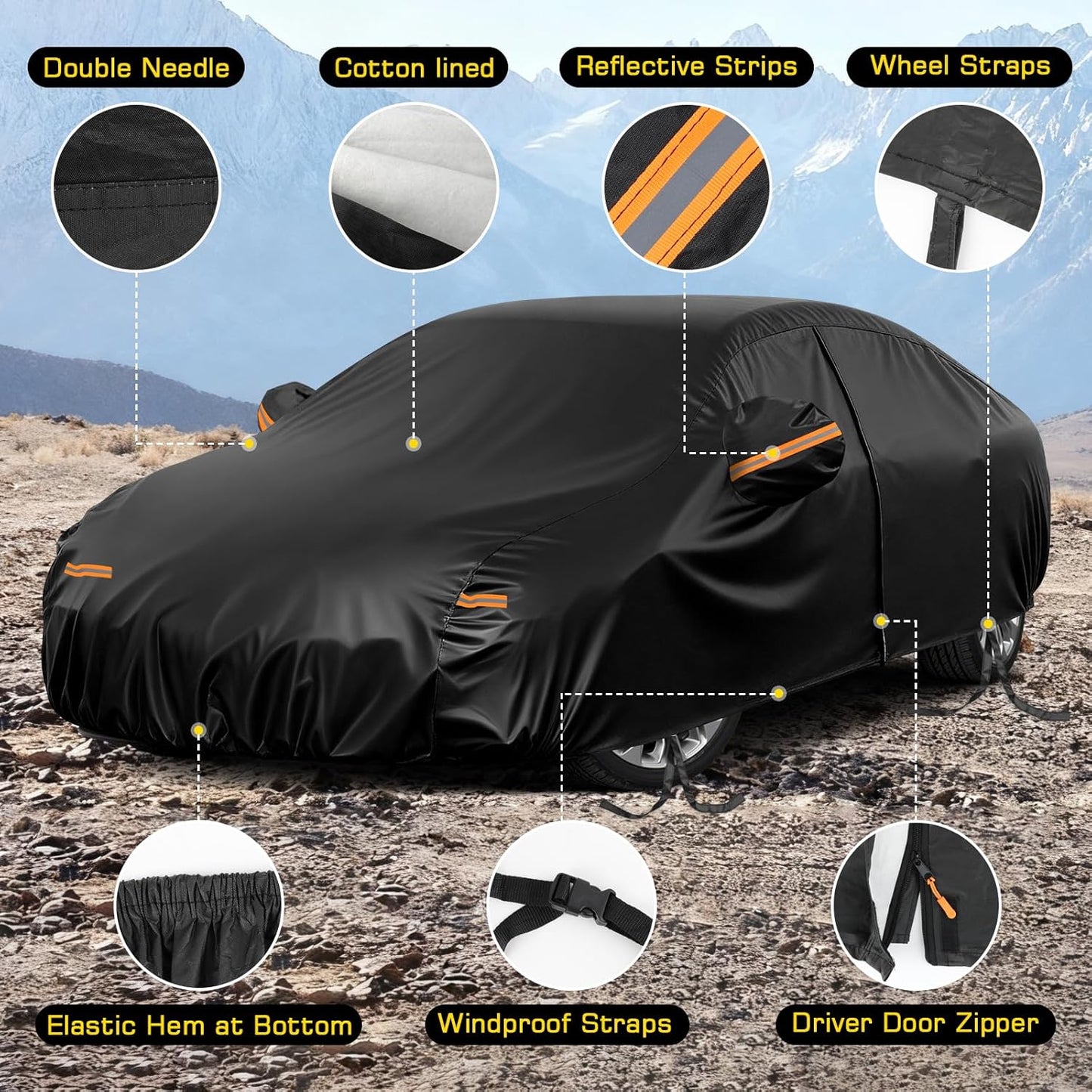 Car Cover for Kia K5 2020-2026, 6 Layers Waterproof Car Covers with Zipper Door & Windproof Bands All Weather Cover for Snow Rain Dust Hail Leaves Bird droppings Protection