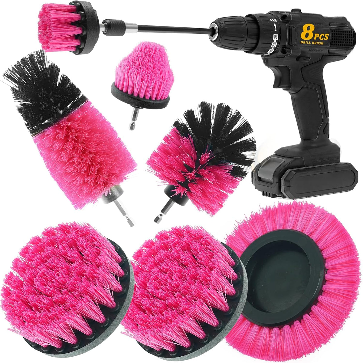8 Pcs Drill Brush Attachment Set, Power Cleaning Scrub Brush Kit with Extend Long Attachment, All Purpose Drill Scrub Brushes for Car, Grout, Floor, Tub, Bathroom and Kitchen (Yellow)
