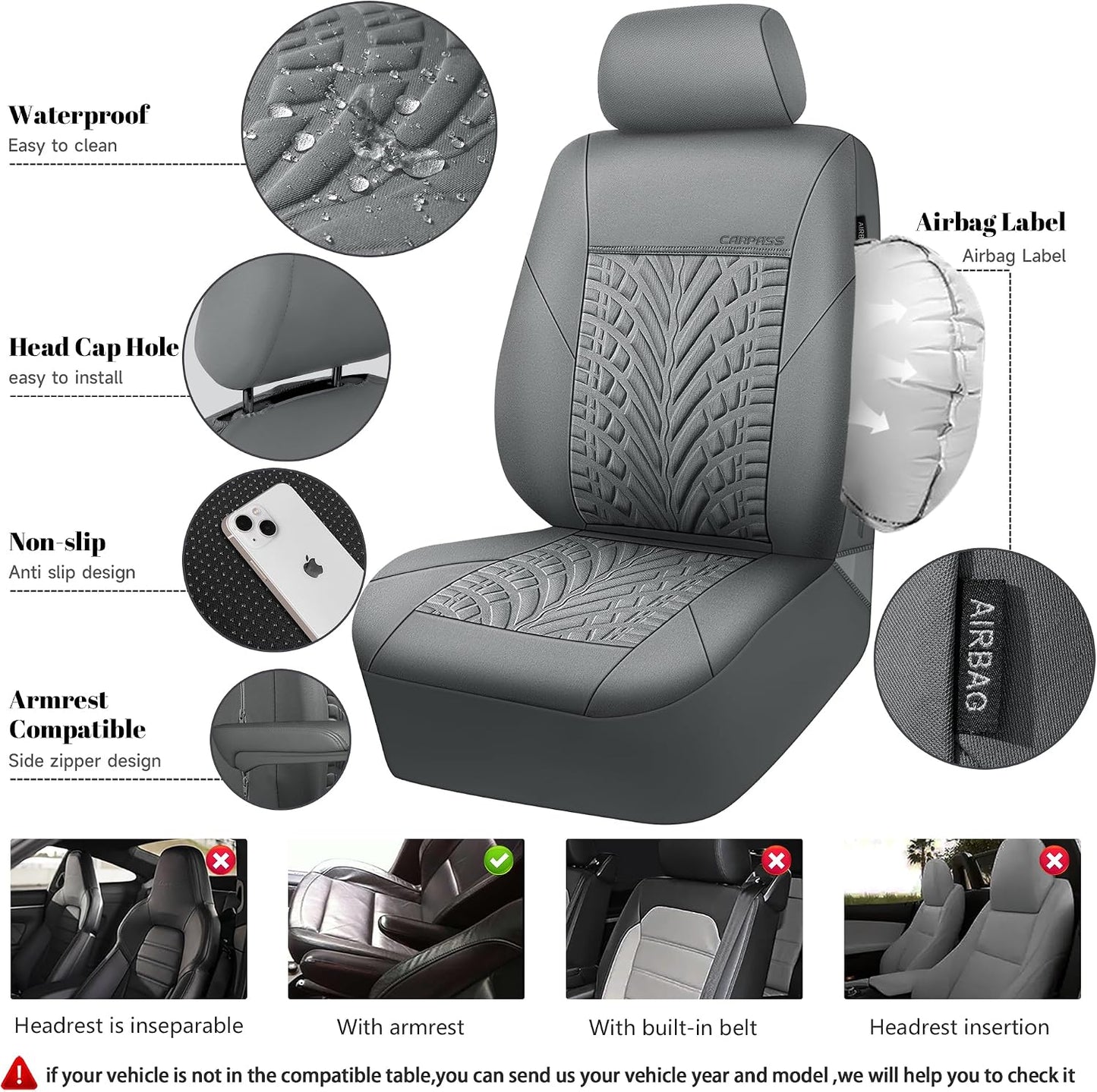 CAR PASS Car Seat Covers Full Sets, Front & Split Rear Bench for Car, 3D Tyre Embossed Automotive Interior Covers, Airbag Compatible, Quick Setup Universal Fit Seat Covers for Car, SUV(Charcoal)