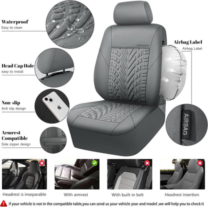 CAR PASS Car Seat Covers Full Sets, Front & Split Rear Bench for Car, 3D Tyre Embossed Automotive Interior Covers, Airbag Compatible, Quick Setup Universal Fit Seat Covers for Car, SUV(Charcoal)