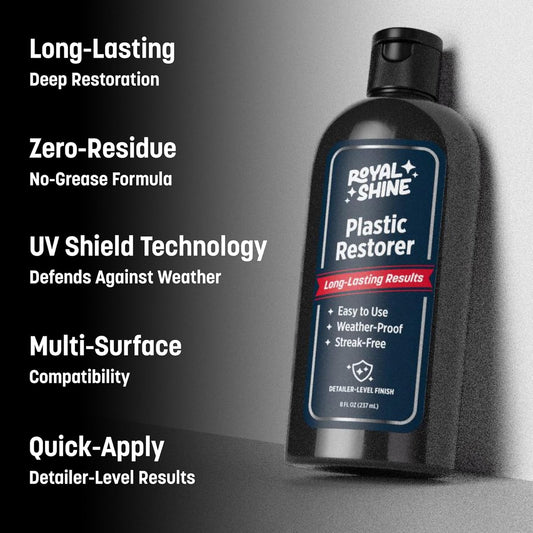 Plastic Restorer for Long-Lasting, Deep Black Results – Restores Faded Plastic, Rubber & Vinyl with UV Protection, Non-Greasy Formula + Foam Applicator, 8oz