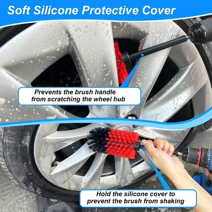 Wheel Brush Kit, Soft Drill Wheel Cleaner Brush, No Scratches Highly Dense Car Cleaning Brush Set for Wheels, Rims, Engines, Exhaust(Red/Black,2Pcs)