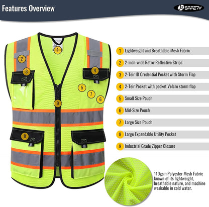 JKSafety Hi Vis Reflective Safety Vests for Men Women High Visibility Vest with Pockets Mesh Fabric Construction Safety Apparel Neon Vest for Work (220-Black L)