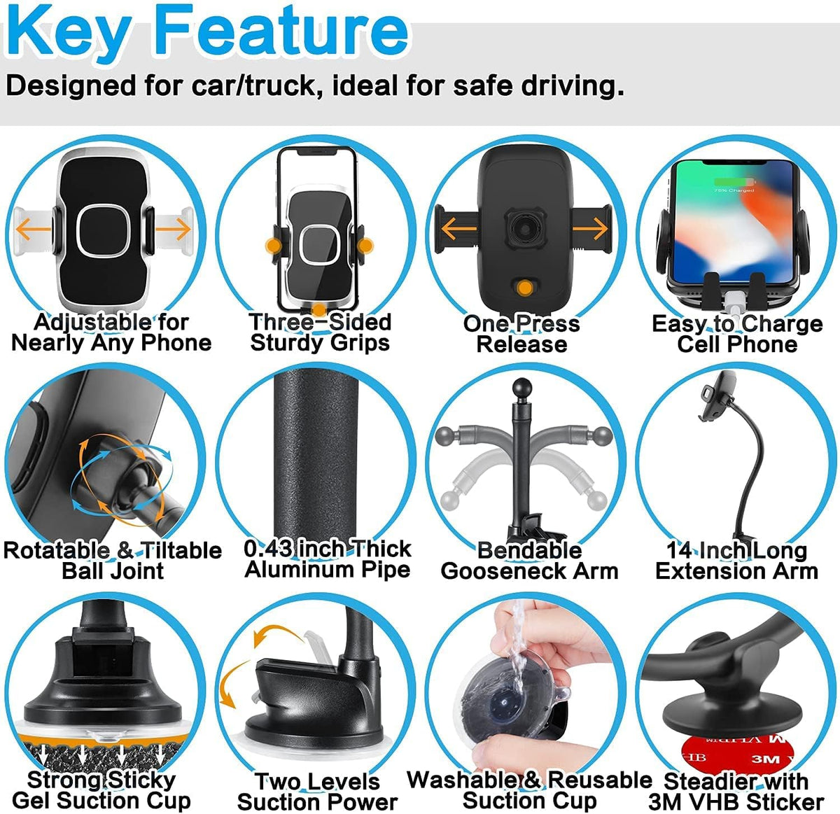 1Zero Solid Car Truck Phone Mount Holder with 14-Inch Gooseneck Long Arm, Windshield Window Mobile Holders w/Industrial-Strength Suction Cup, Anti-Shake Stabilizer Compatible All Cell Phones iPhone