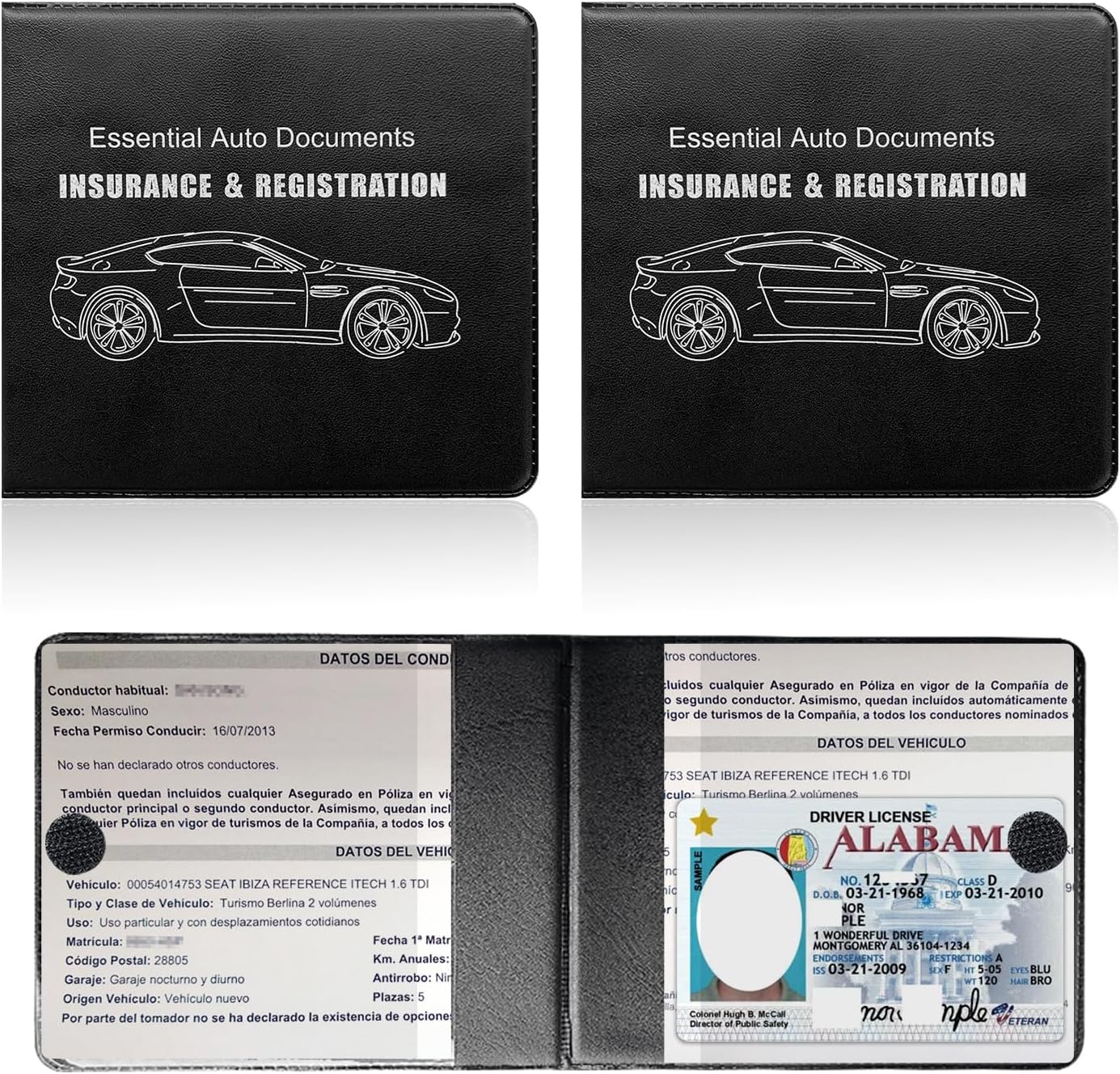 4 PCS Car Registration and Insurance Holder, Vehicle Glove Box Organizers with Closure for License Document, Auto Essential Paperwork Wallet Case Holder, Car Accessories (Black, Car Logo)