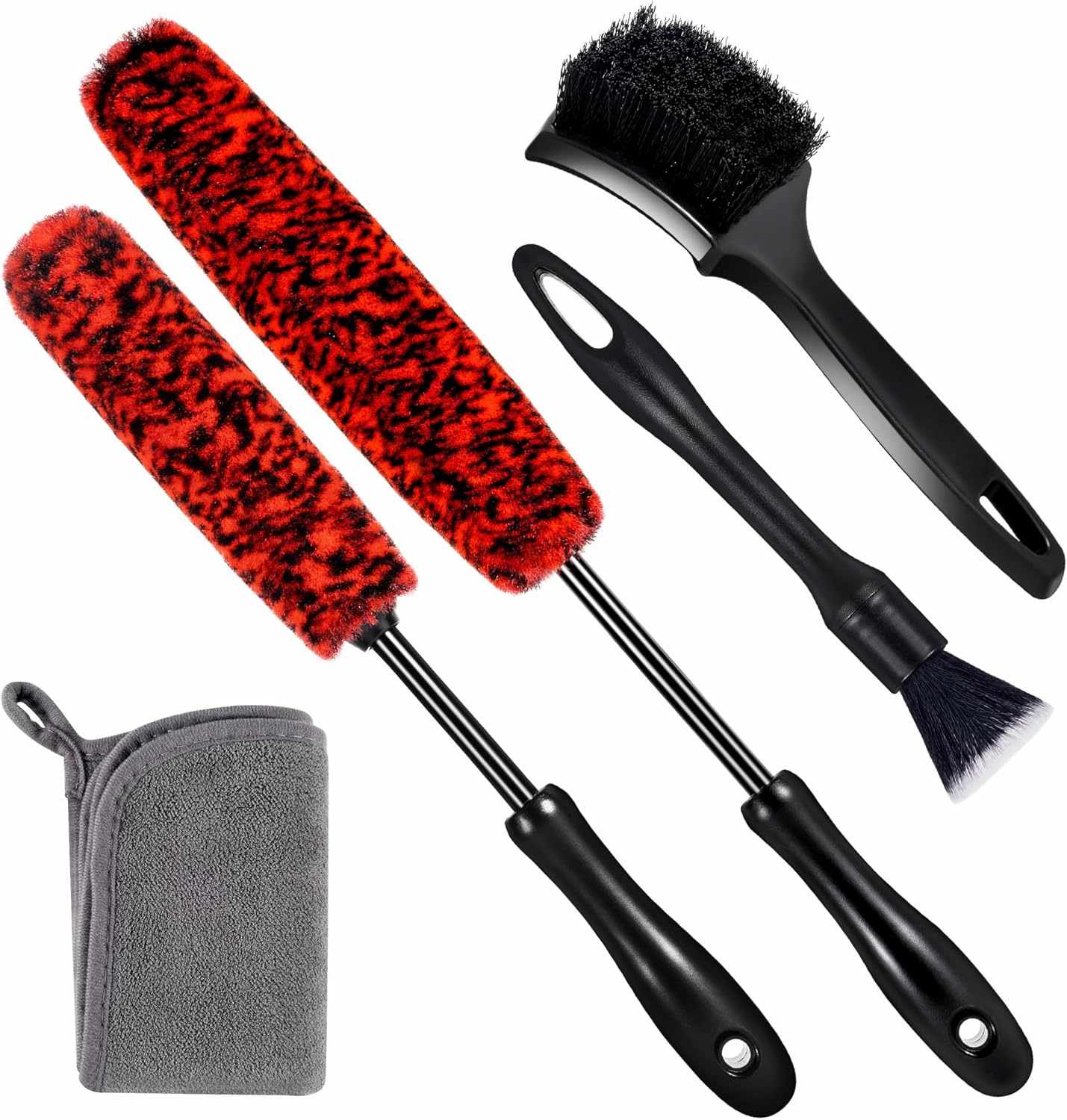 SIMPOR 5 Pcs Wheel & Tire Brush Kit with Cleaning Towel, 2 Long Handle Soft Microfiber Wheel Cleaning Brushes, Stiff Tire Brush, Car Detailing Brush, Non-Scratch Bendable Rim Cleaner Brush Set