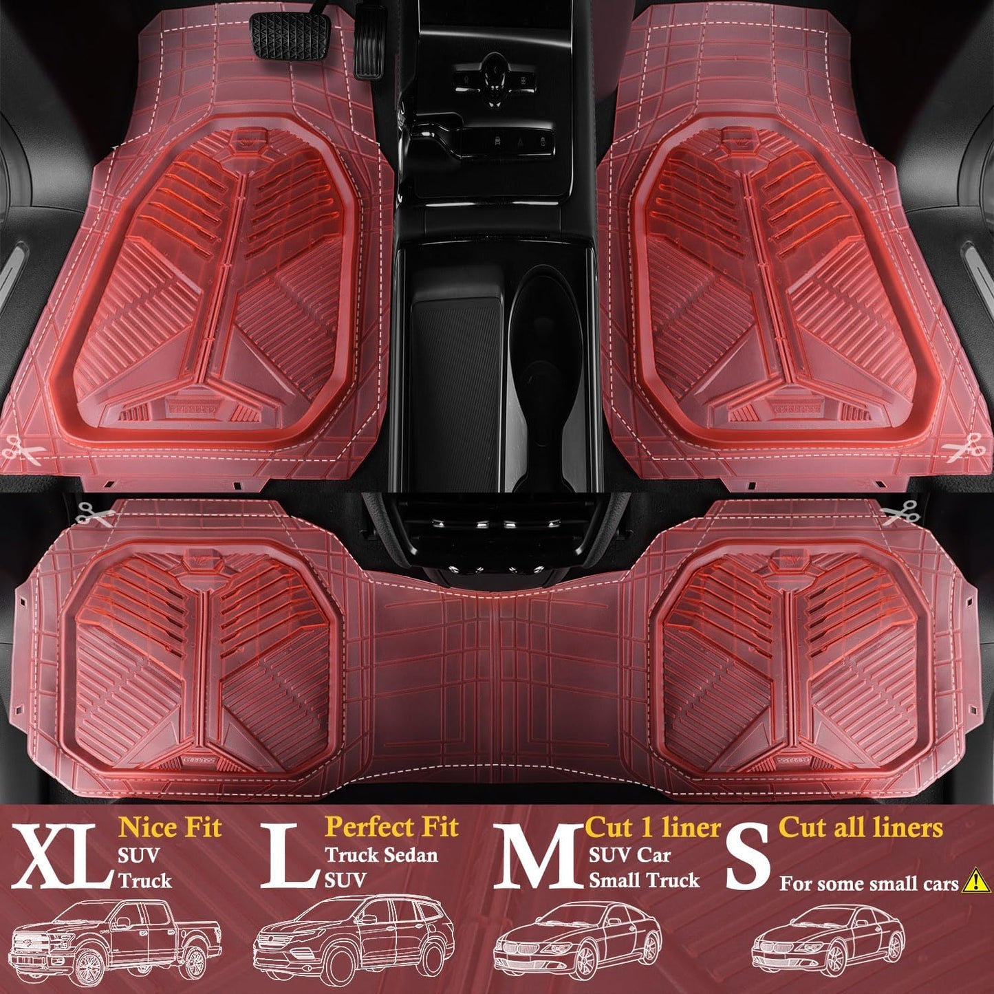 CAR PASS Heavy Duty Rubber Car Mats with Cargo Liner, Deep-Dish Car Floor Mats and Trunk Mat All Weather, Universal Trim-to-Fit for SUVs Trucks Sedans, Waterproof Anti-Slip, Trimmable V12 Black