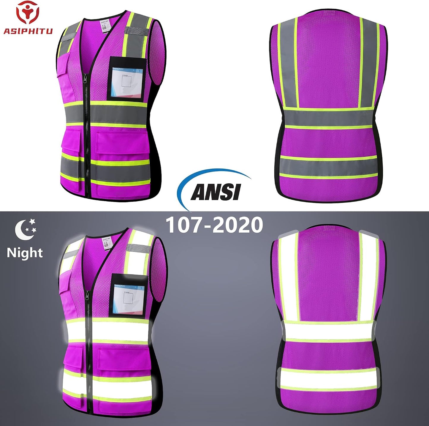 Reflective High Visibility Safety Vest for Men Women with Pockets Zipper Front Meets ANSI/ISEA Standards