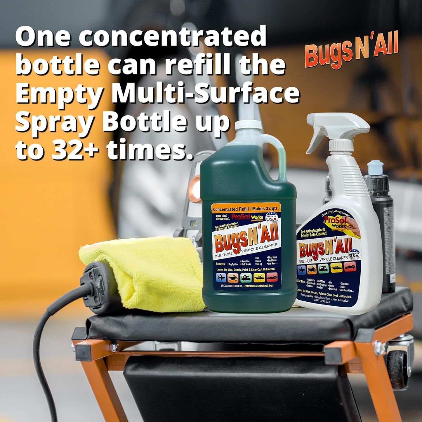 Bugs N’ All Multipurpose Car Cleaner & Degreaser - Bug & Tar Remover Concentrate 4 oz - Exterior Cleaner Safe for Car Paint, Metal, Chrome, Aluminum, Windows & Mirrors - w/Free 32 oz Spray Bottle