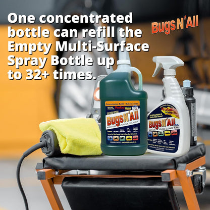 Bugs N’ All Multipurpose Car Cleaner & Degreaser - Bug & Tar Remover Concentrate 4 oz - Exterior Cleaner Safe for Car Paint, Metal, Chrome, Aluminum, Windows & Mirrors - w/Free 32 oz Spray Bottle