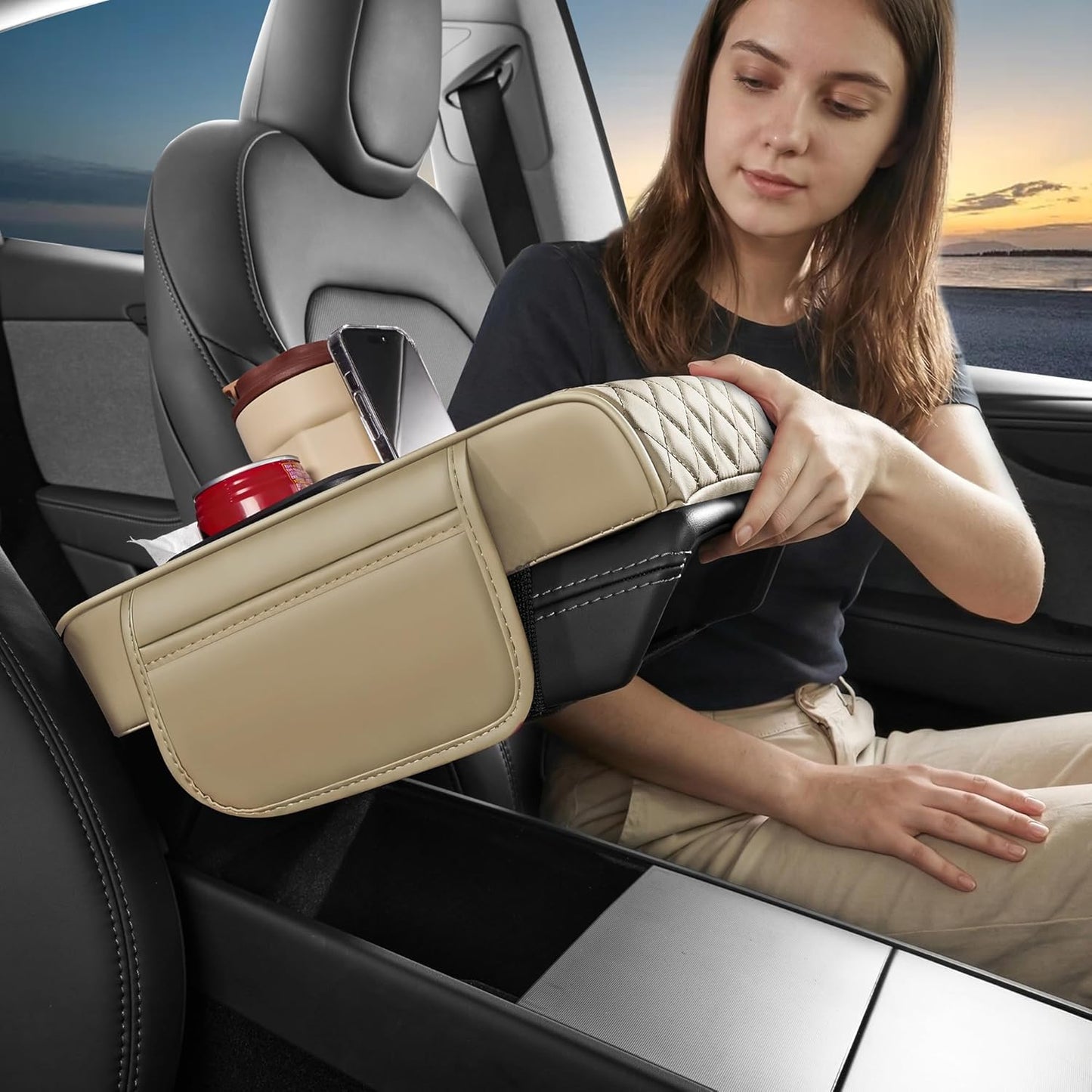 5 in 1 Car Center Console Cover, Armrest Pad with 2 Storage Pockets, Cup Holder, Tissue Slot, Phone Holder, Nappa Leather Memory Foam Car Accessories for SUV Sedan Truck (Black)