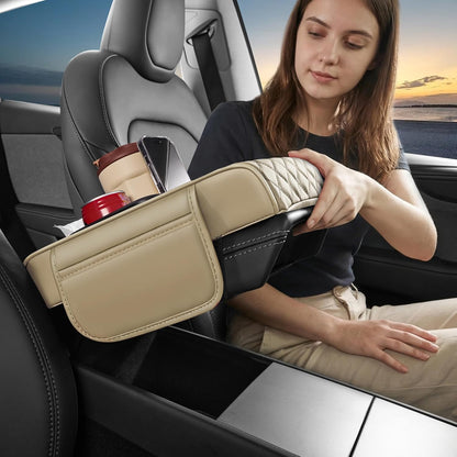5 in 1 Car Center Console Cover, Armrest Pad with 2 Storage Pockets, Cup Holder, Tissue Slot, Phone Holder, Nappa Leather Memory Foam Car Accessories for SUV Sedan Truck (Black)