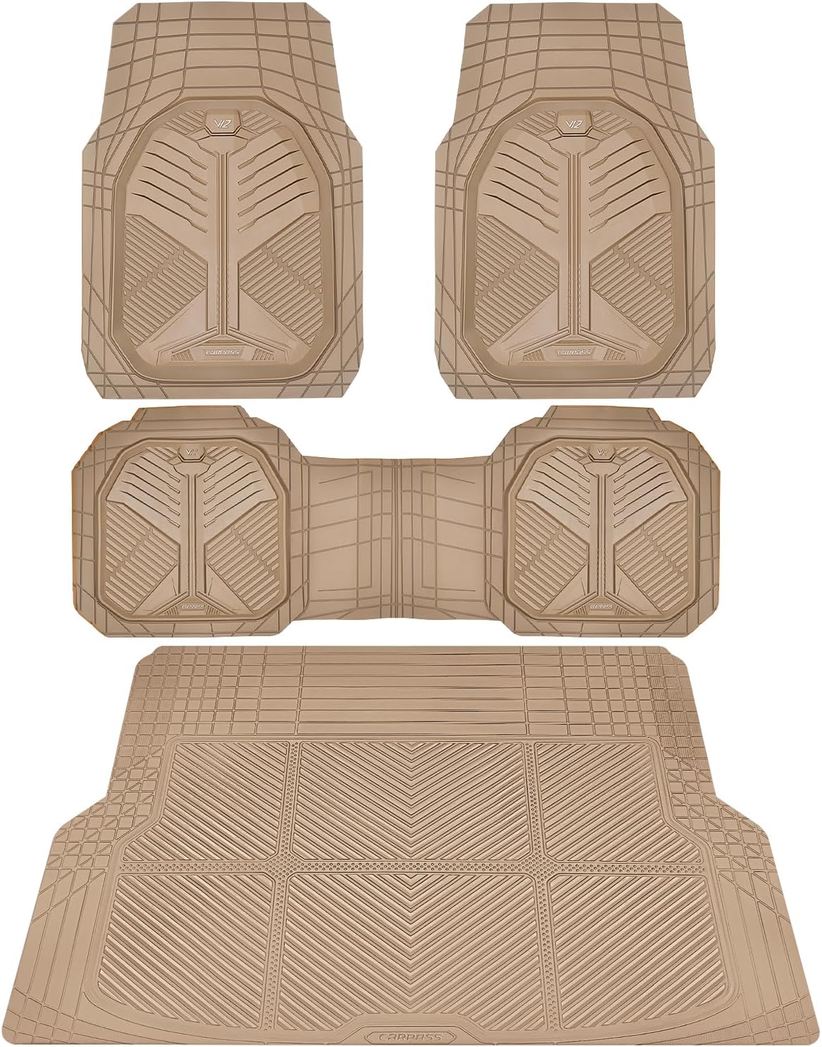CAR PASS Heavy Duty Rubber Car Mats with Cargo Liner, Deep-Dish Car Floor Mats and Trunk Mat All Weather, Universal Trim-to-Fit for SUVs Trucks Sedans, Waterproof Anti-Slip, Trimmable V12 Black