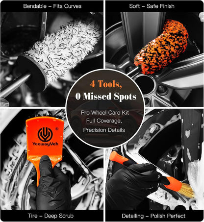YeewayVeh 3PCS Quick Car Wheel Brush Kit, 2-Size 360° Bendale Rim Cleaner Brushes, Boars Hair Detailing Brush, Fast Scratch-Free Cleaning for Car Wheels, Motorcycle, Orange