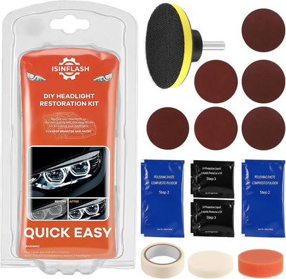 Headlight Restoration Kit, Polish Restore Cleaner Clean Tool DIY Polishing, Sanding Discs, Scouring Pads for Electric Drill, 3 Easy Steps to Restore Sun Damaged Car Headlights Lens